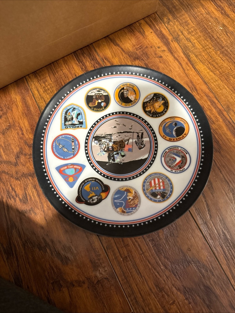 Commemorative Lunar Mission Decorative Plate - Black, White, Gold Accents